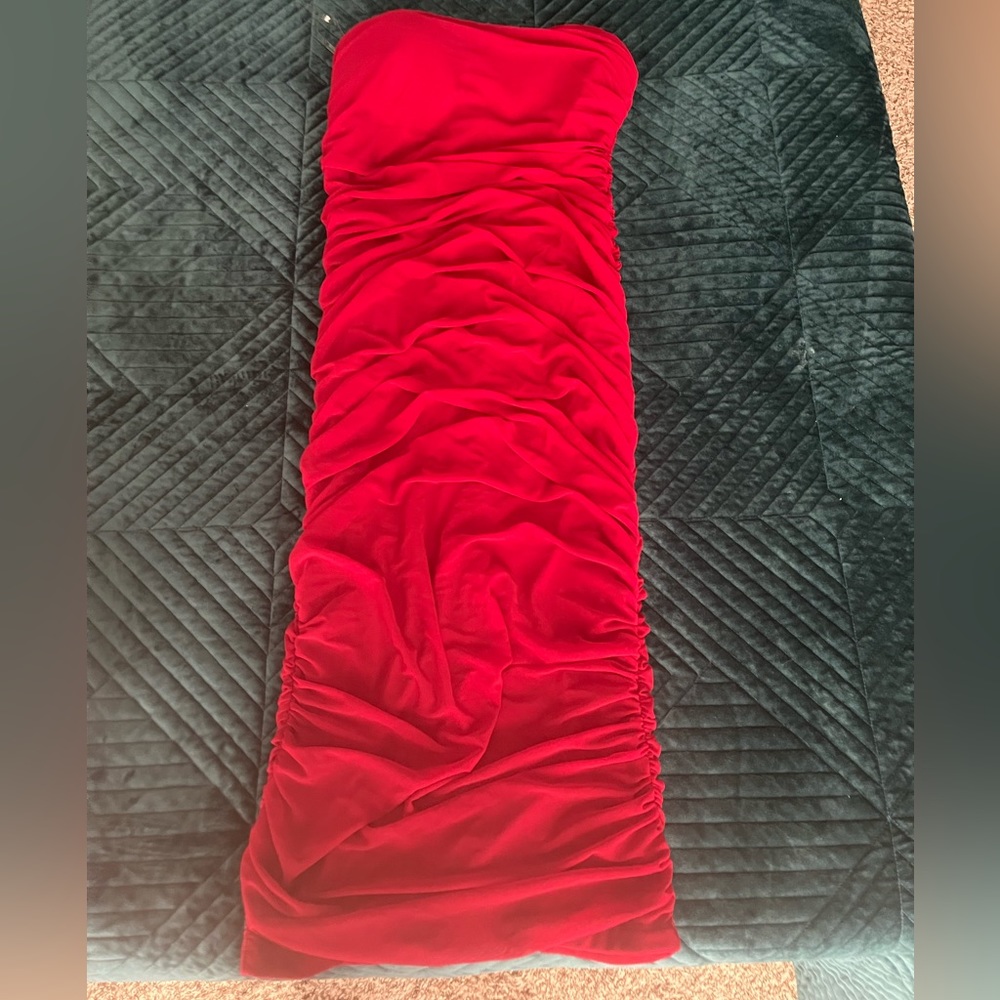Red ruched strapless dress